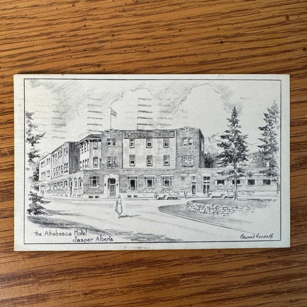 The Athabasca Hotel Jasper‎ Alberta Postcard 1967 Edward Goodall Drawing